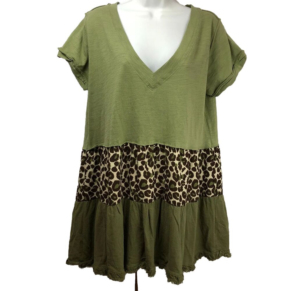 Umgee Womens Small Linen Blend Ruffle Raw Hem Tunic Top Dress Green Cheetah Boho